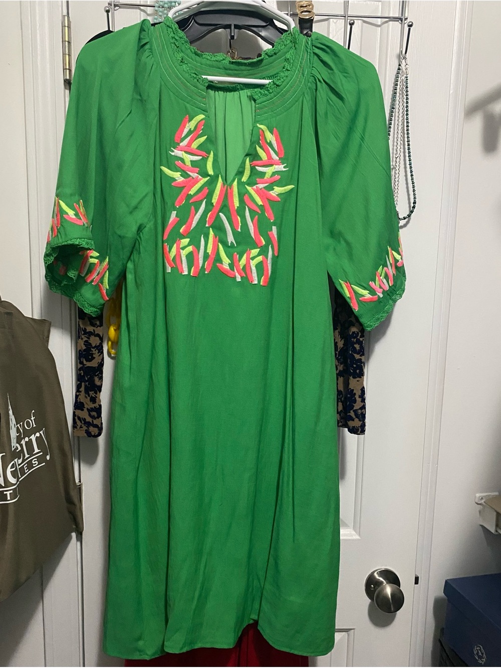 JODIFLI Green Dress with Pink and Yellow Embroidery